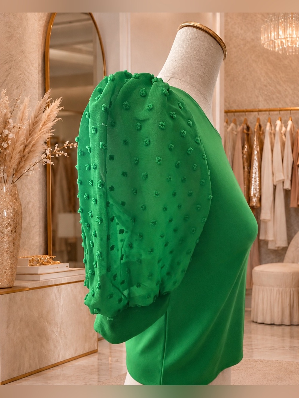 👒 CECE Emerald Green Puff Sleeve Swiss Dot “Mixed Media” Top NWOTs - Picture 5 of 10
